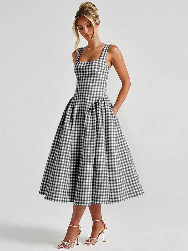 Date Night Dresses Maxi Plaid Straps Square Neck Swing Sweet Red Dress
