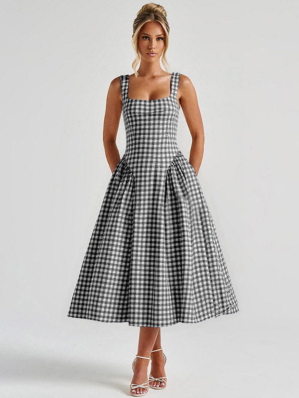 Date Night Dresses Maxi Plaid Straps Square Neck Swing Sweet Red Dress