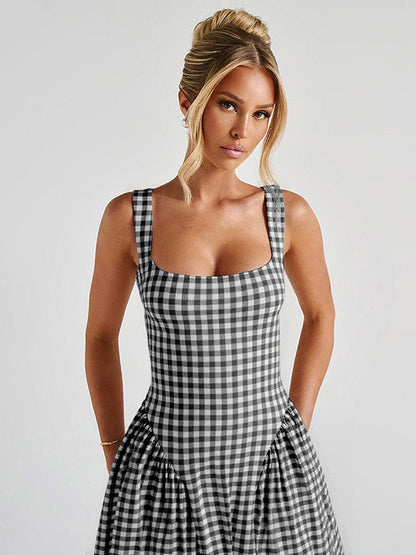 Date Night Dresses Maxi Plaid Straps Square Neck Swing Sweet Red Dress