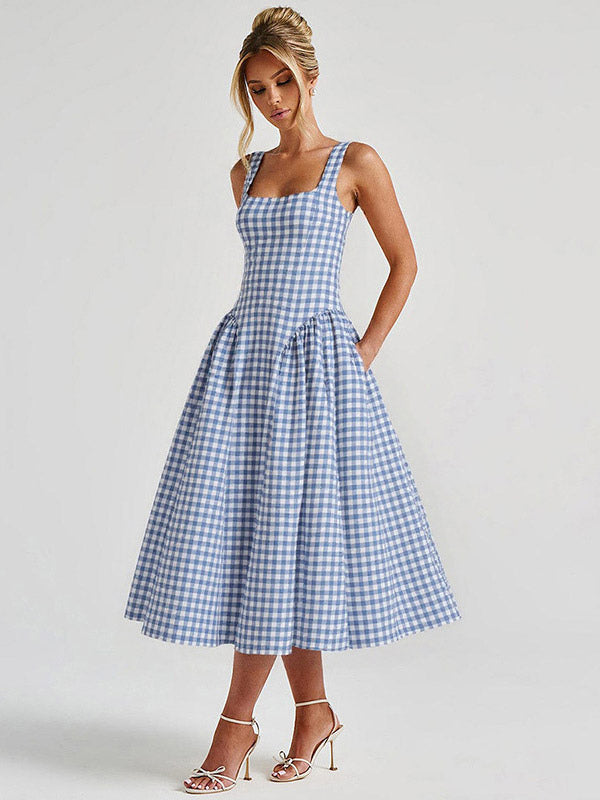 Date Night Dresses Maxi Plaid Straps Square Neck Swing Sweet Red Dress