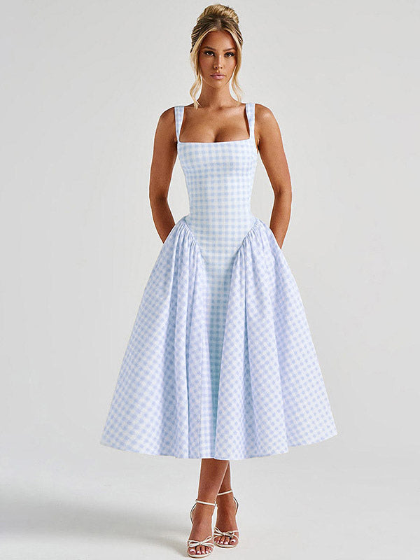 Date Night Dresses Maxi Plaid Straps Square Neck Swing Sweet Red Dress
