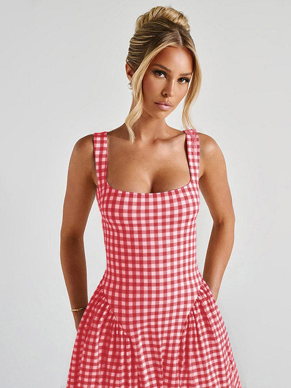 Date Night Dresses Maxi Plaid Straps Square Neck Swing Sweet Red Dress