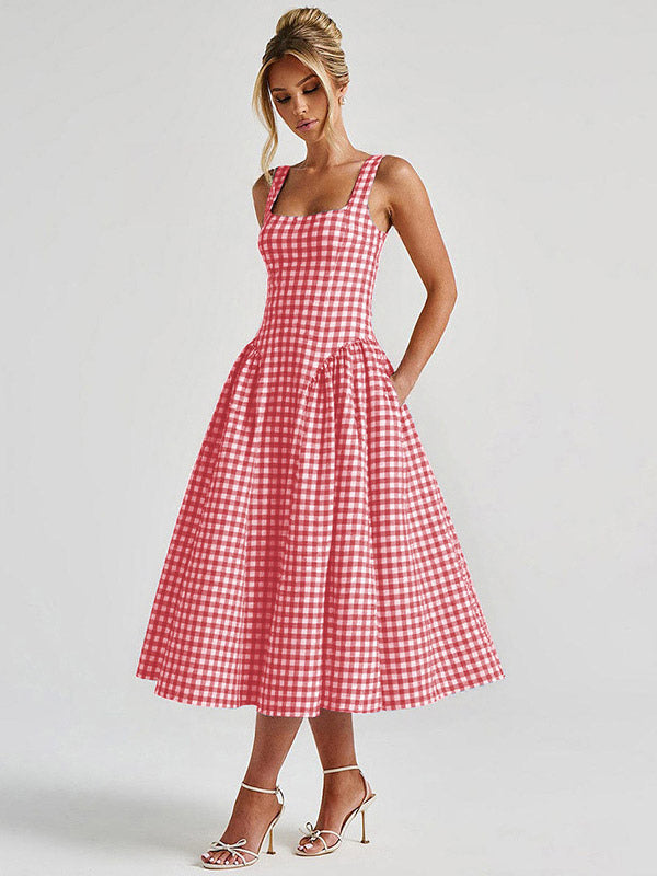 Date Night Dresses Maxi Plaid Straps Square Neck Swing Sweet Red Dress