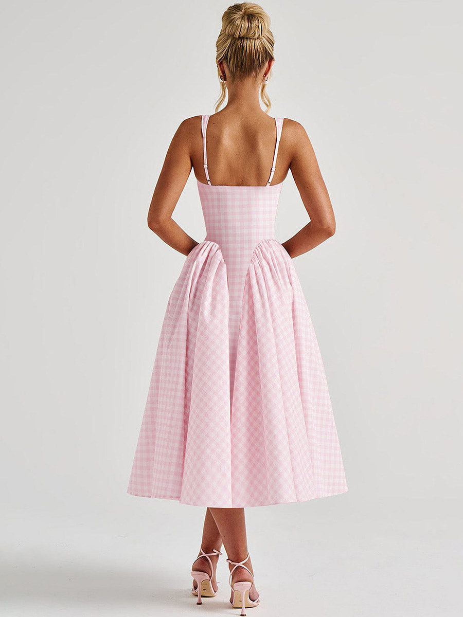 Date Night Dresses Maxi Plaid Straps Square Neck Swing Sweet Red Dress