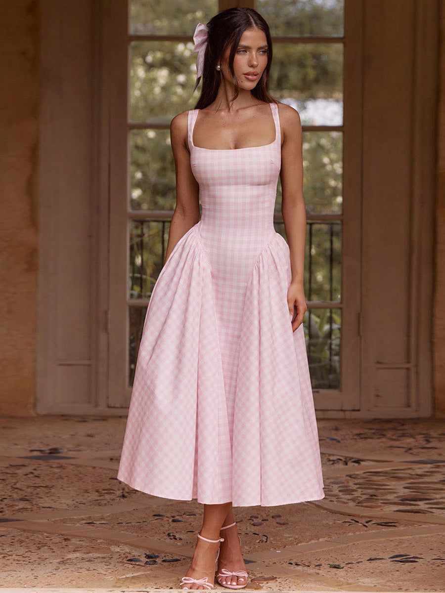 Date Night Dresses Maxi Plaid Straps Square Neck Swing Sweet Red Dress