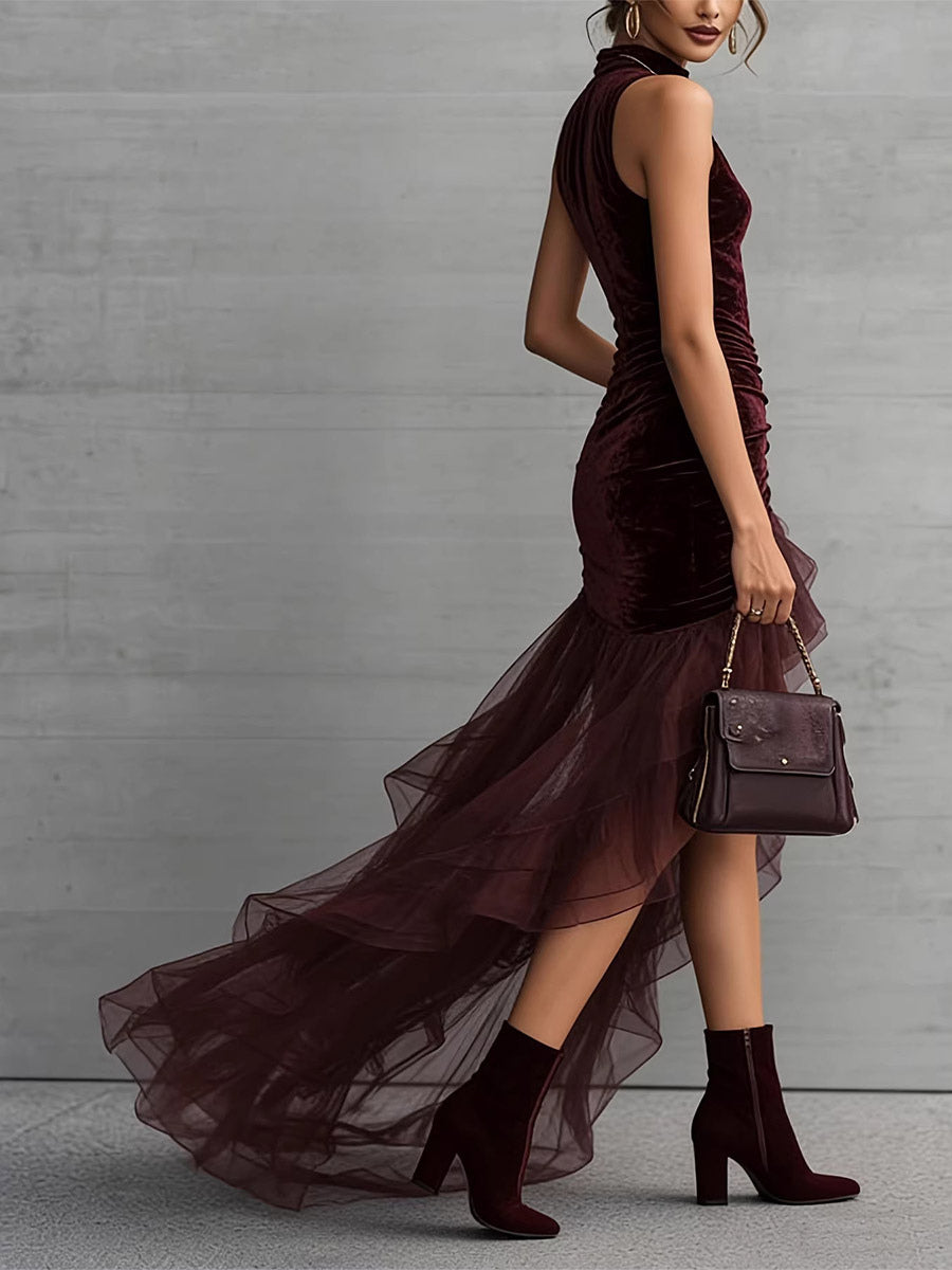 Date Night Dresses Maxi High Low Design Ruffles Sleeveless High Collar Velvet Bodycon Evening Gown