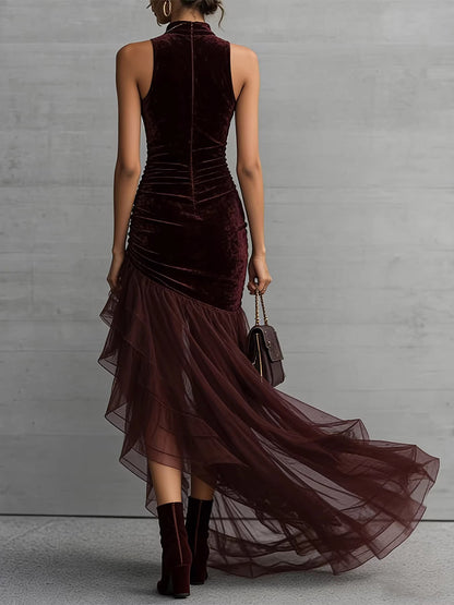 Date Night Dresses Maxi High Low Design Ruffles Sleeveless High Collar Velvet Bodycon Evening Gown