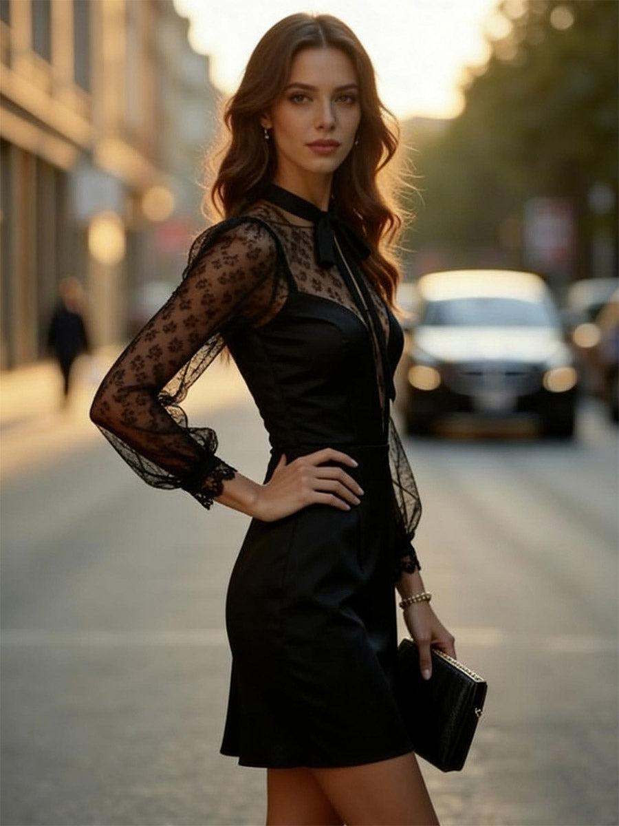 Date Night Dresses Mini Lace Long Puff Sleeves Jewel Neck Elegant Black Dress