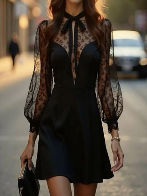 Date Night Dresses Mini Lace Long Puff Sleeves Jewel Neck Elegant Black Dress