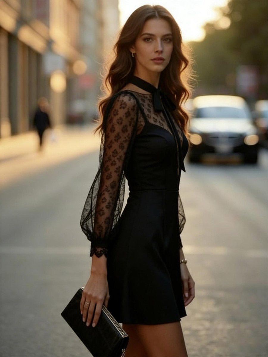 Date Night Dresses Mini Lace Long Puff Sleeves Jewel Neck Elegant Black Dress