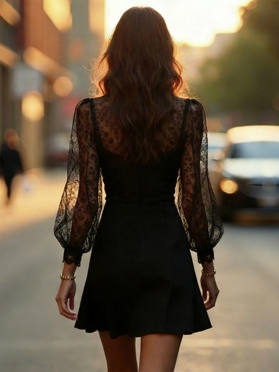 Date Night Dresses Mini Lace Long Puff Sleeves Jewel Neck Elegant Black Dress