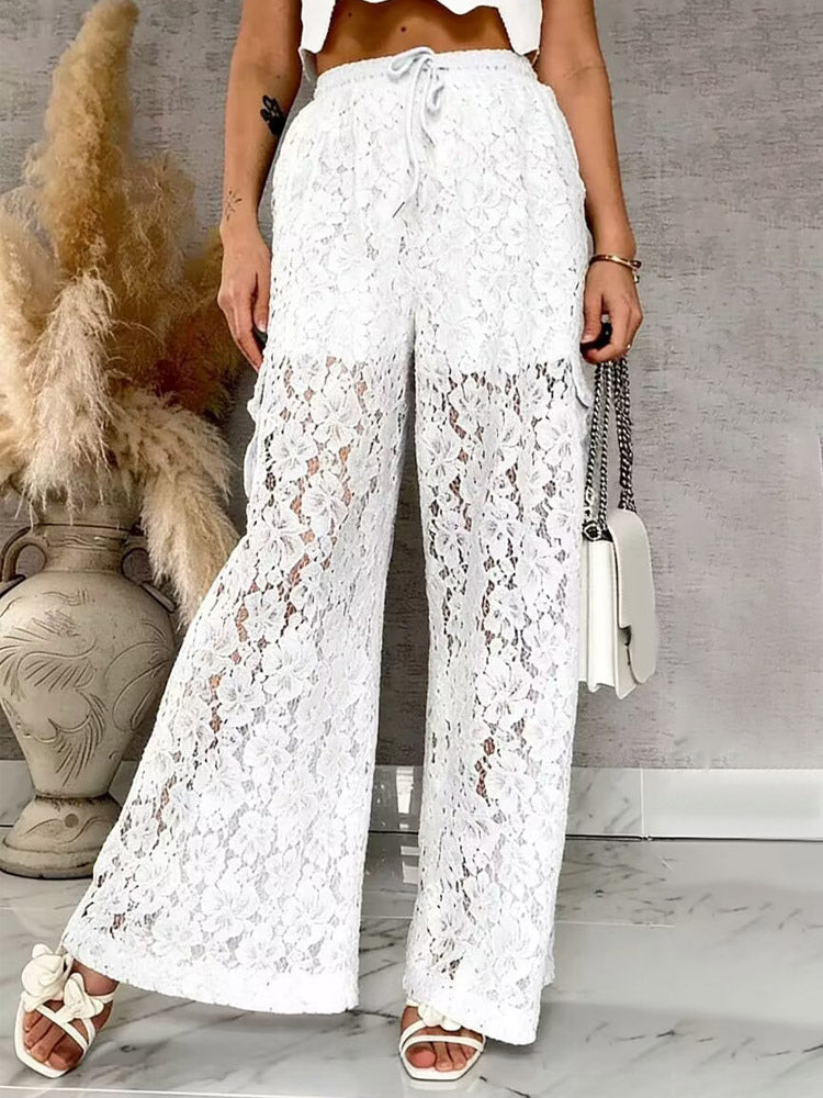 Pants White High Waist Floral Lace Wide Leg Pants Trousers