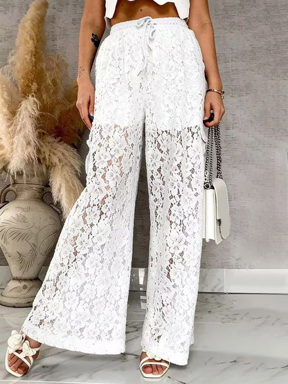 Pants White High Waist Floral Lace Wide Leg Pants Trousers