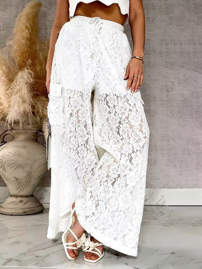 Pants White High Waist Floral Lace Wide Leg Pants Trousers