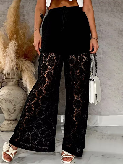 Pants White High Waist Floral Lace Wide Leg Pants Trousers