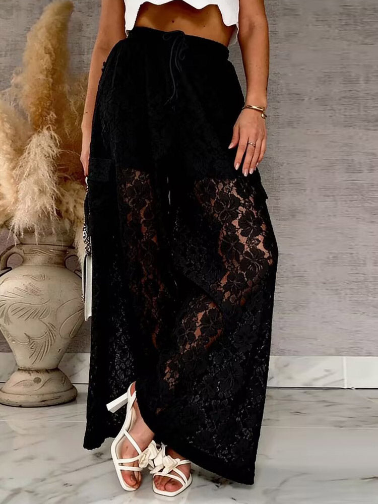 Pants White High Waist Floral Lace Wide Leg Pants Trousers