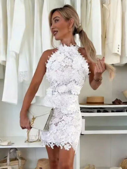 Date Night Dresses Mini Sleeveless Jewel Neck Chic White Halter Floral Lace Dress