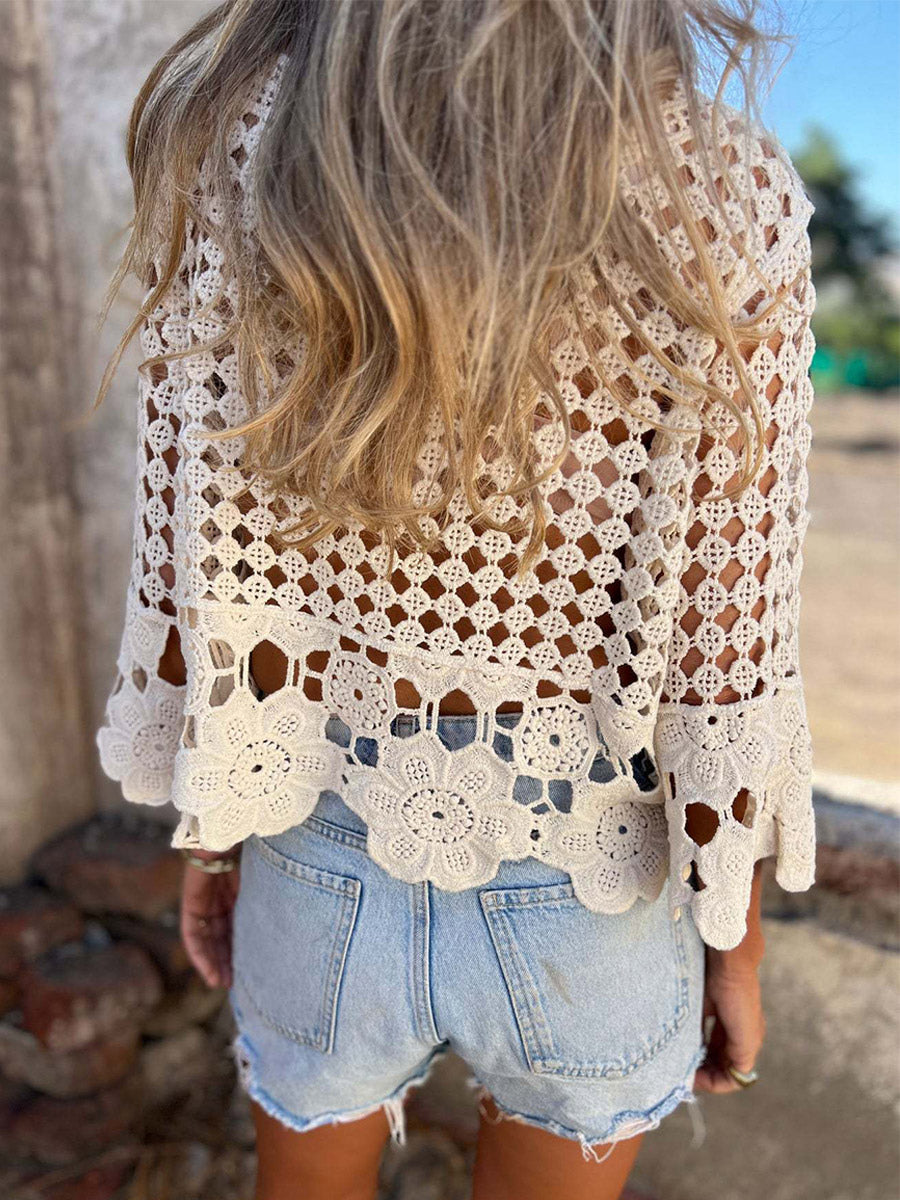 Boho Crochet Hollow Out Cover Up Tees White Lace Lace Up V-Neck T Shirt Blouse