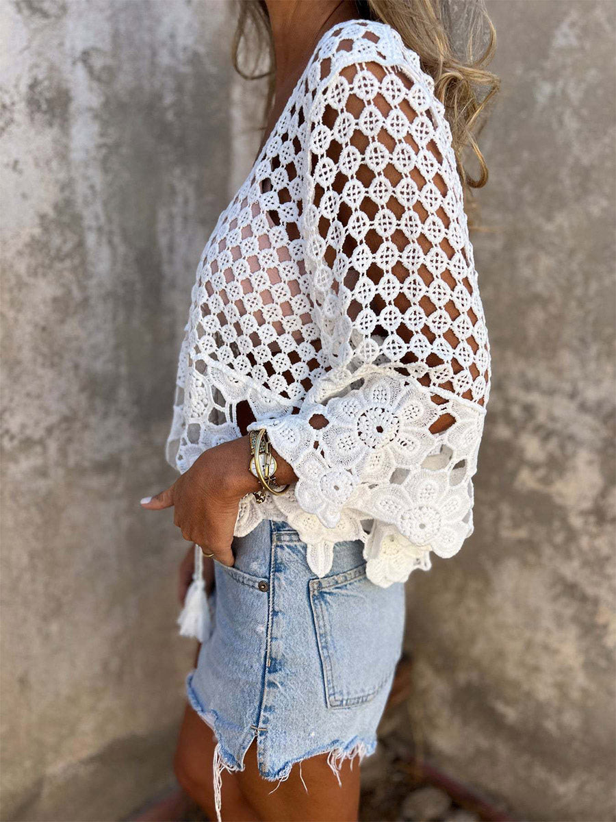 Boho Crochet Hollow Out Cover Up Tees White Lace Lace Up V-Neck T Shirt Blouse
