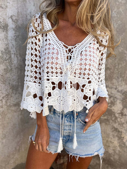 Boho Crochet Hollow Out Cover Up Tees White Lace Lace Up V-Neck T Shirt Blouse