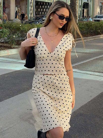 Two Piece Sets Polka Dot Apricot V-Neck Short Sleeves V Neck Tie Strap Cami Top Midi Skirt Set