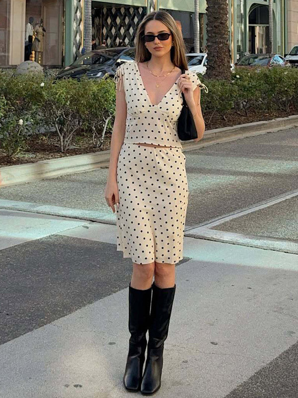 Two Piece Sets Polka Dot Apricot V-Neck Short Sleeves V Neck Tie Strap Cami Top Midi Skirt Set
