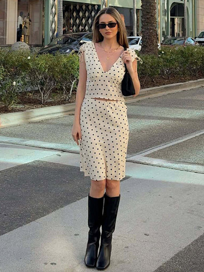 Two Piece Sets Polka Dot Apricot V-Neck Short Sleeves V Neck Tie Strap Cami Top Midi Skirt Set