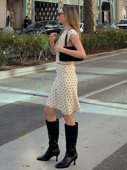 Two Piece Sets Polka Dot Apricot V-Neck Short Sleeves V Neck Tie Strap Cami Top Midi Skirt Set