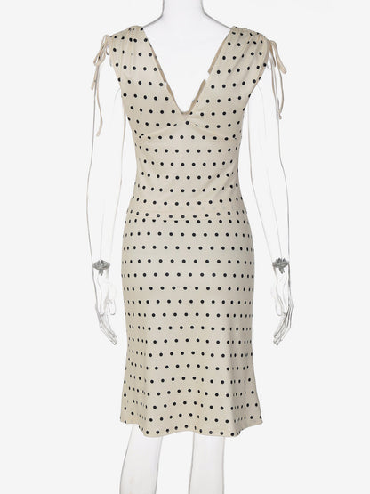 Two Piece Sets Polka Dot Apricot V-Neck Short Sleeves V Neck Tie Strap Cami Top Midi Skirt Set