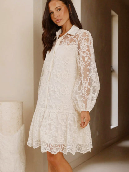 Daily Dresses Ecru White Lace Long Sleeves Turndown Collar Puff Sleeve Mini Shirt Dress