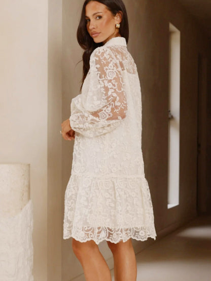 Daily Dresses Ecru White Lace Long Sleeves Turndown Collar Puff Sleeve Mini Shirt Dress