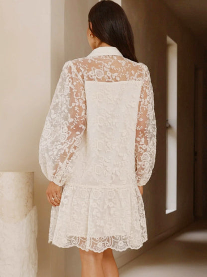 Daily Dresses Ecru White Lace Long Sleeves Turndown Collar Puff Sleeve Mini Shirt Dress