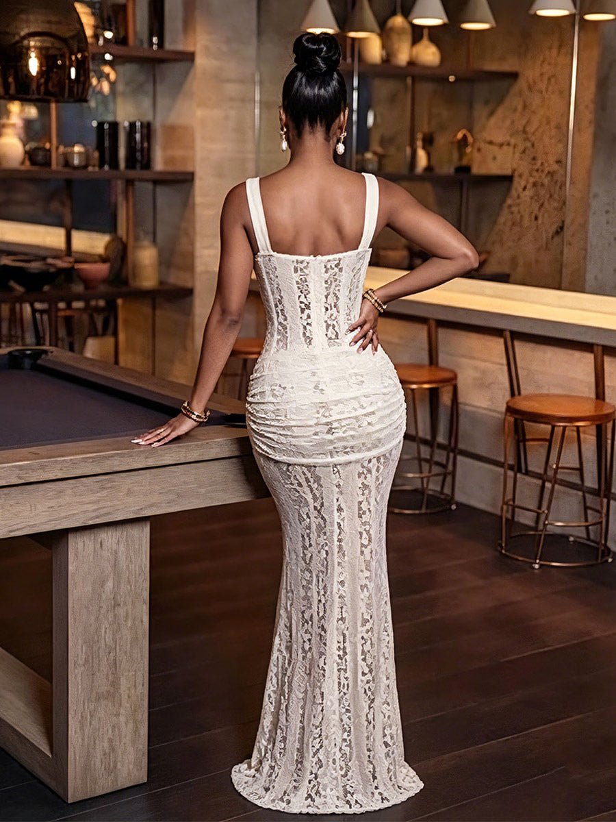 Party Dress Maxi White Neck Lace Spaghetti Strap Corset Bodycon Mermaid Dress