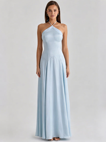 Party Dress Maxi Light Sky Blue Rhinestone Halter Satin Sexy Flowy Semi Formal Dress
