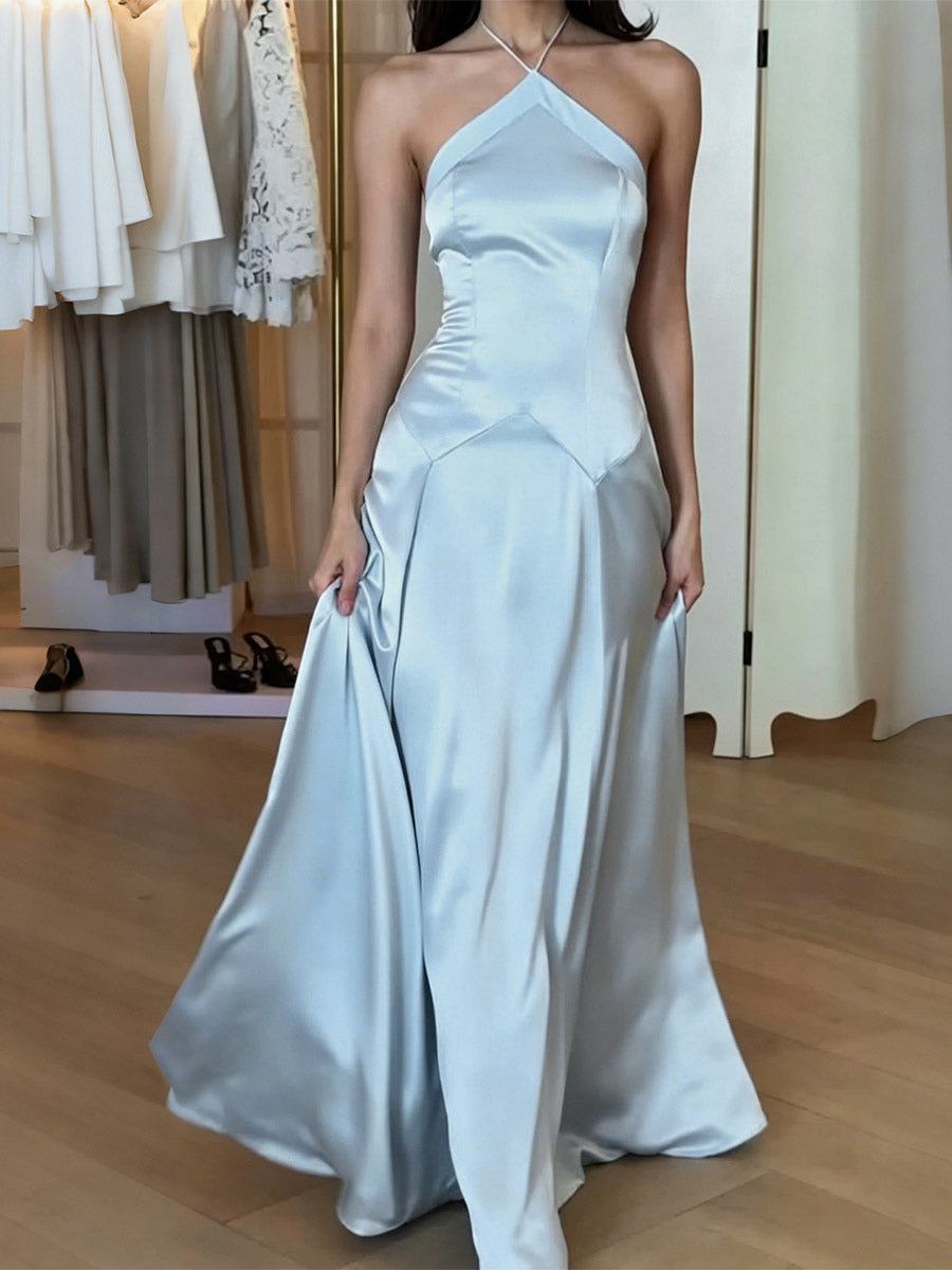 Party Dress Maxi Light Sky Blue Rhinestone Halter Satin Sexy Flowy Semi Formal Dress