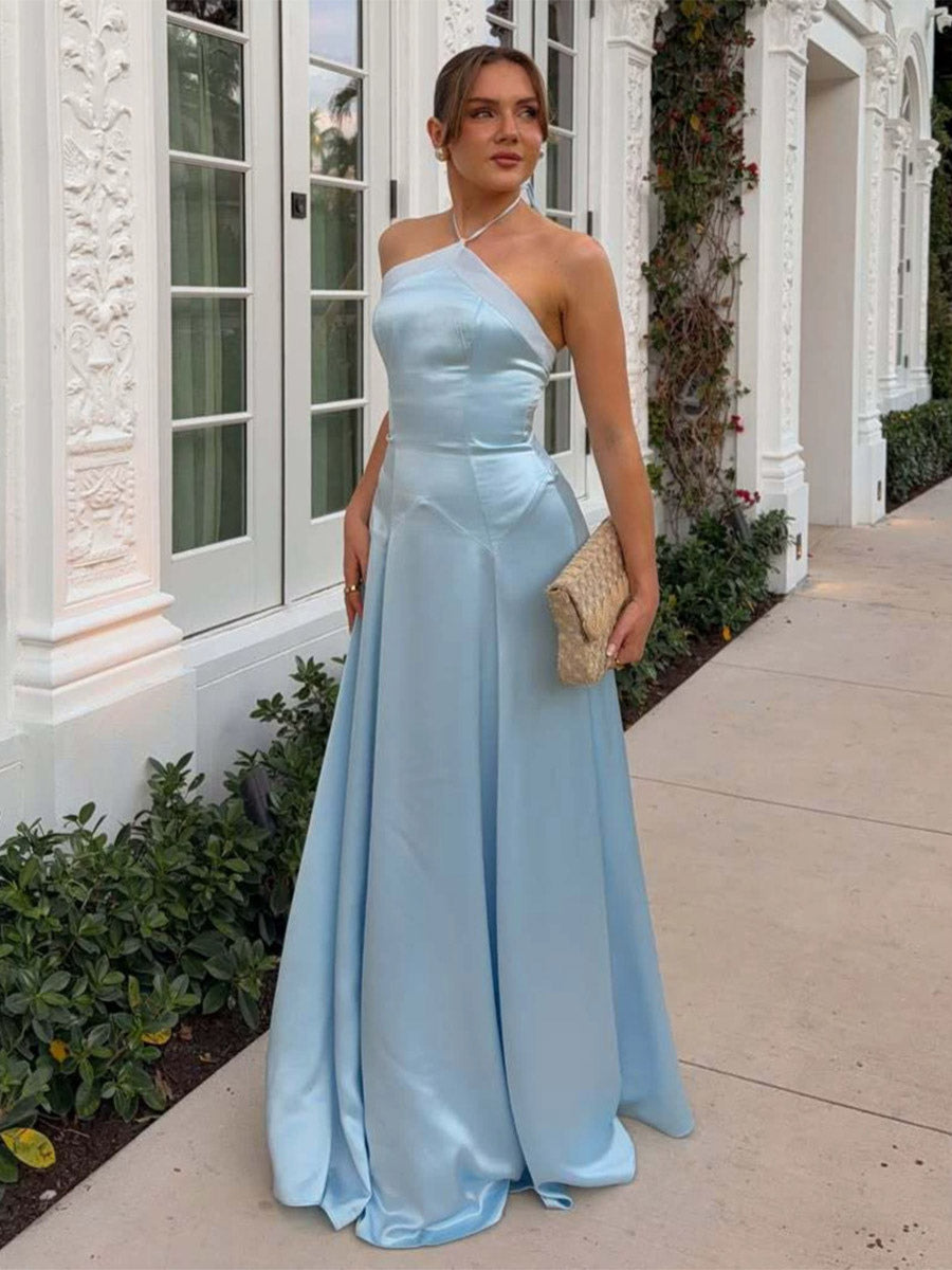 Party Dress Maxi Light Sky Blue Rhinestone Halter Satin Sexy Flowy Semi Formal Dress