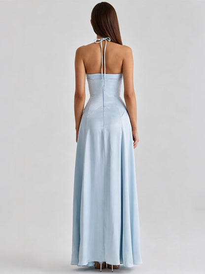 Party Dress Maxi Light Sky Blue Rhinestone Halter Satin Sexy Flowy Semi Formal Dress