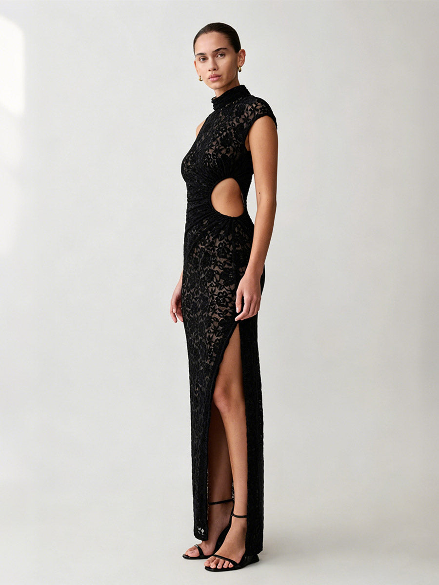 Party Dress Maxi Black High Collar Lace Sleeveless Sexy Bodycon Semi Formal Dress
