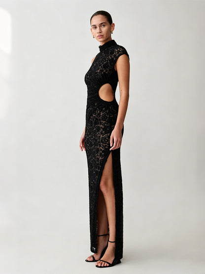 Party Dress Maxi Black High Collar Lace Sleeveless Sexy Bodycon Semi Formal Dress