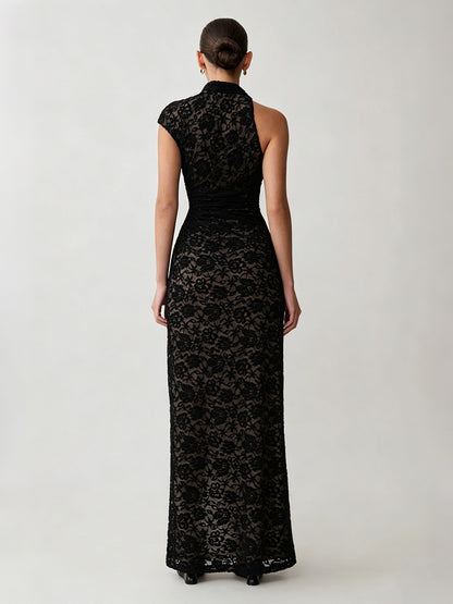 Party Dress Maxi Black High Collar Lace Sleeveless Sexy Bodycon Semi Formal Dress