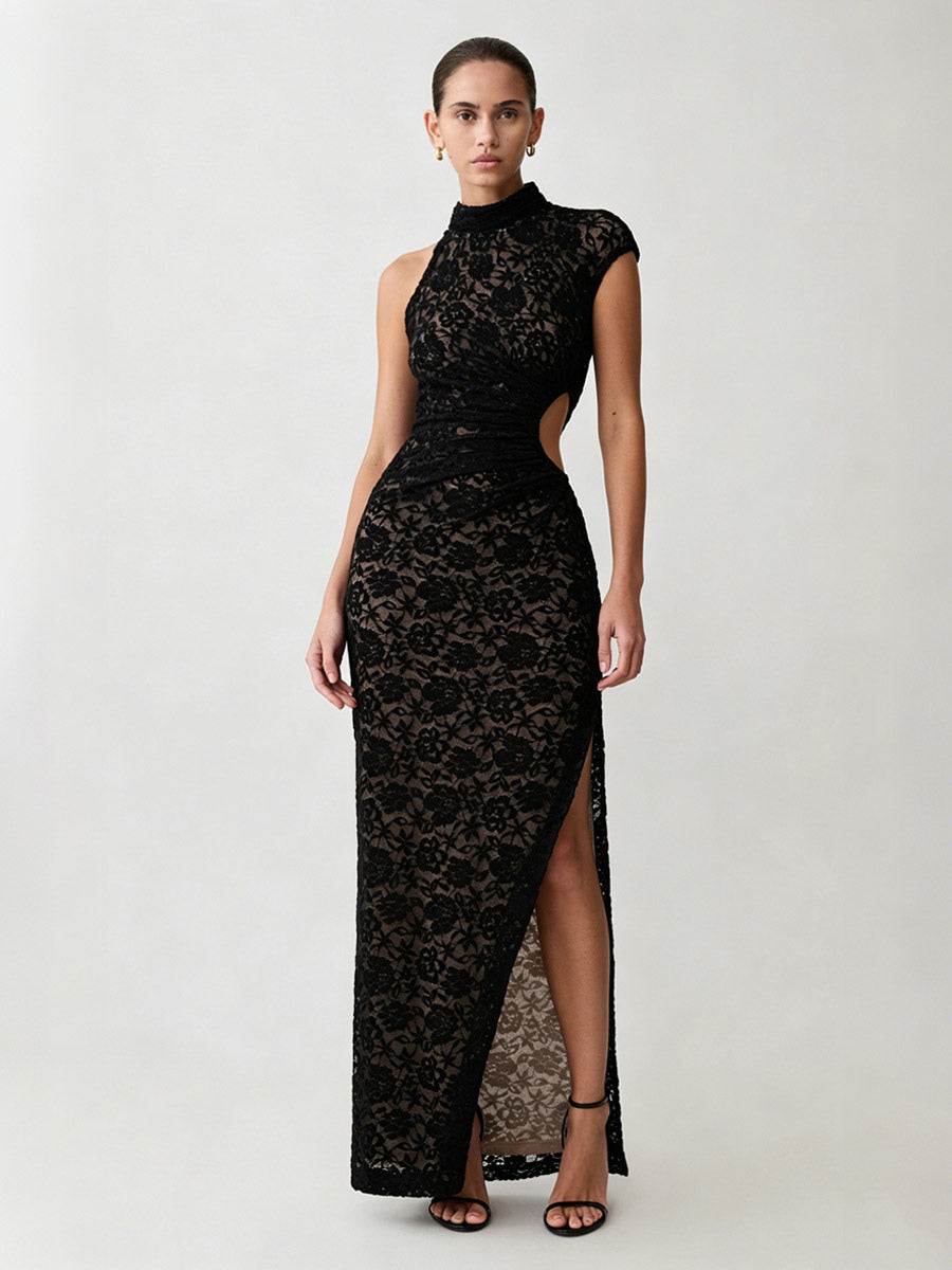Party Dress Maxi Black High Collar Lace Sleeveless Sexy Bodycon Semi Formal Dress