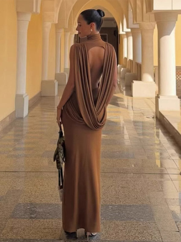 Party Dress Maxi Bronze High Collar Sleeveless Slim Fit Bodycon Sexy Semi Formal Dress