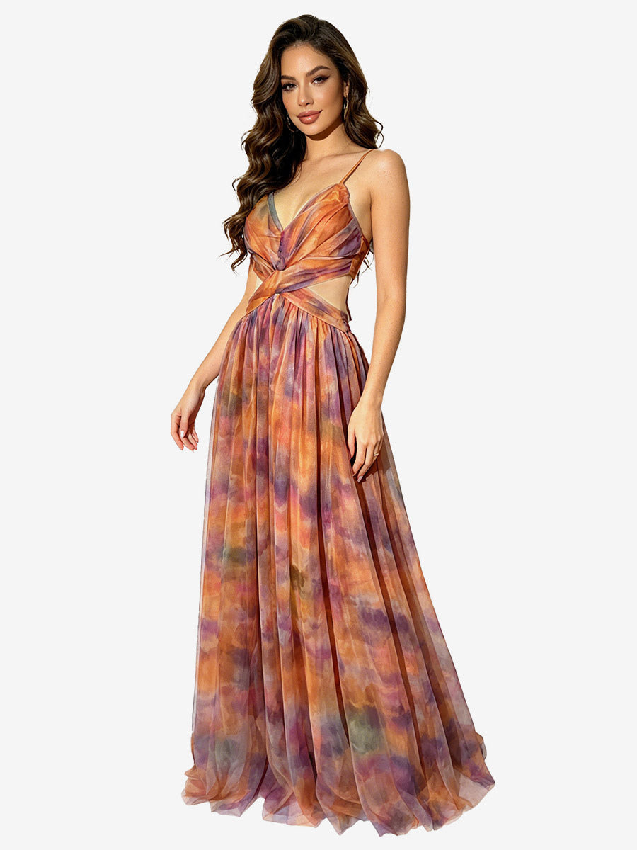 Vacation Dresses Spaghetti Strap Neck Elegant Orange Flowy Chiffon Maxi Party Dress