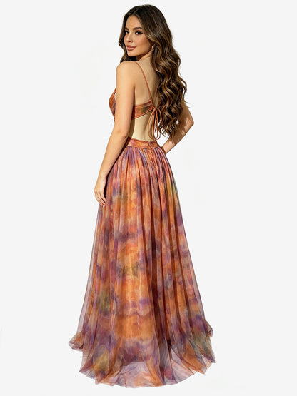 Vacation Dresses Spaghetti Strap Neck Elegant Orange Flowy Chiffon Maxi Party Dress