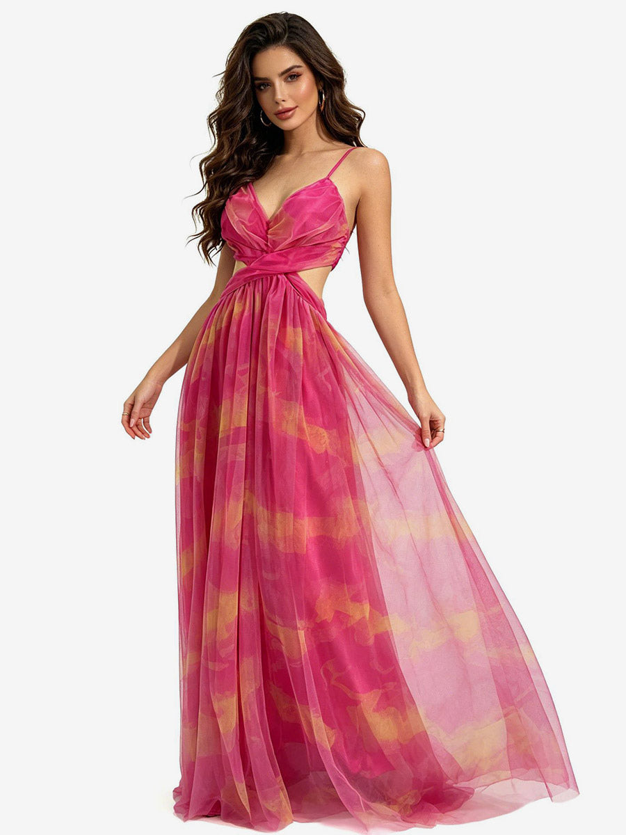 Vacation Dresses Spaghetti Strap Neck Elegant Orange Flowy Chiffon Maxi Party Dress