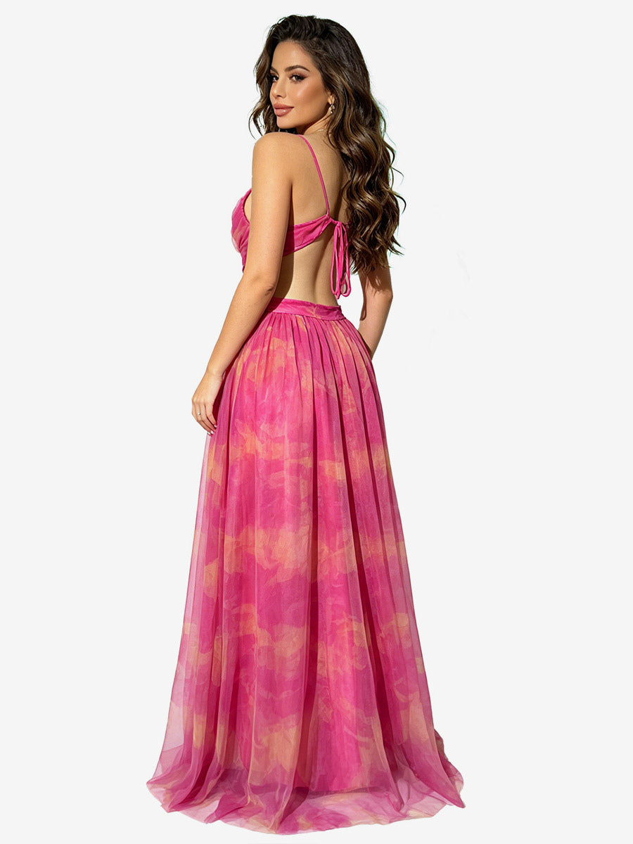 Vacation Dresses Spaghetti Strap Neck Elegant Orange Flowy Chiffon Maxi Party Dress