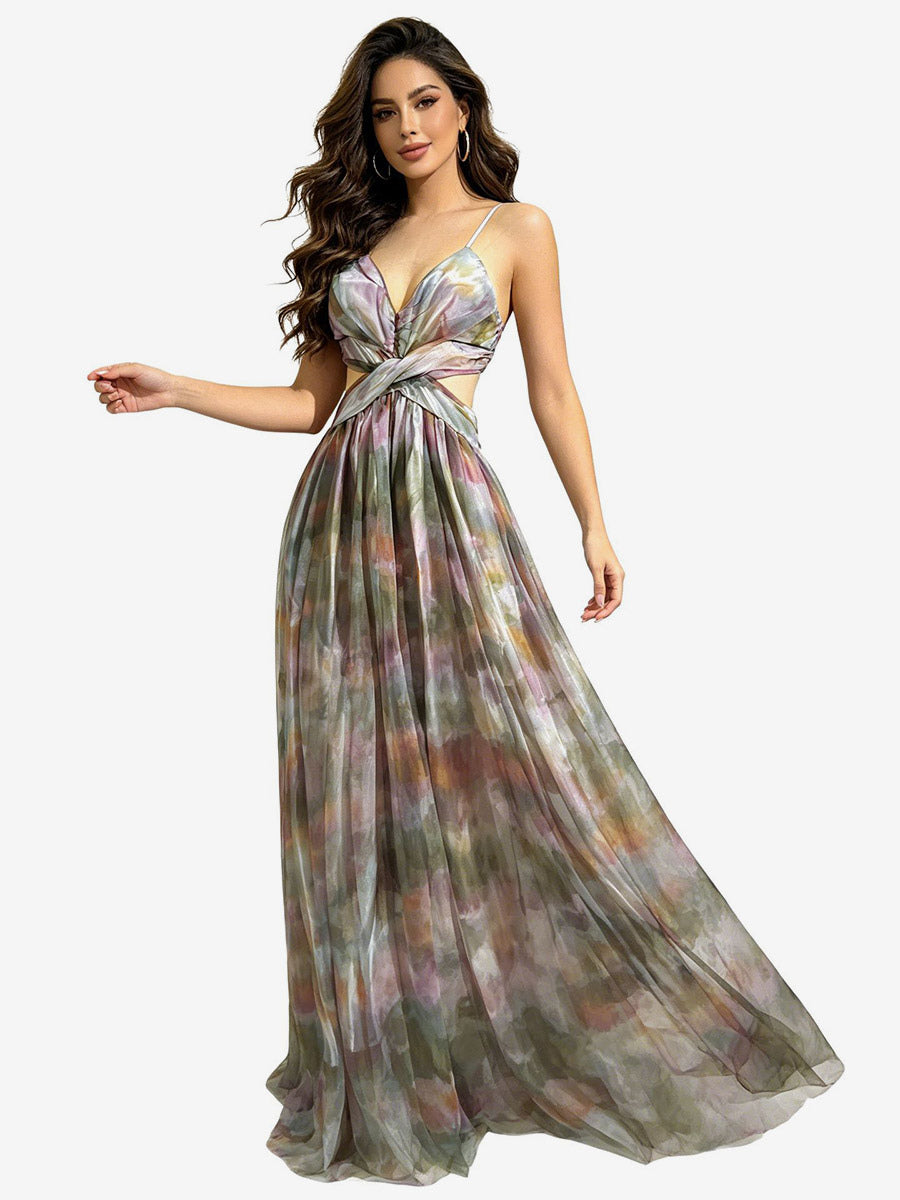Vacation Dresses Spaghetti Strap Neck Elegant Orange Flowy Chiffon Maxi Party Dress