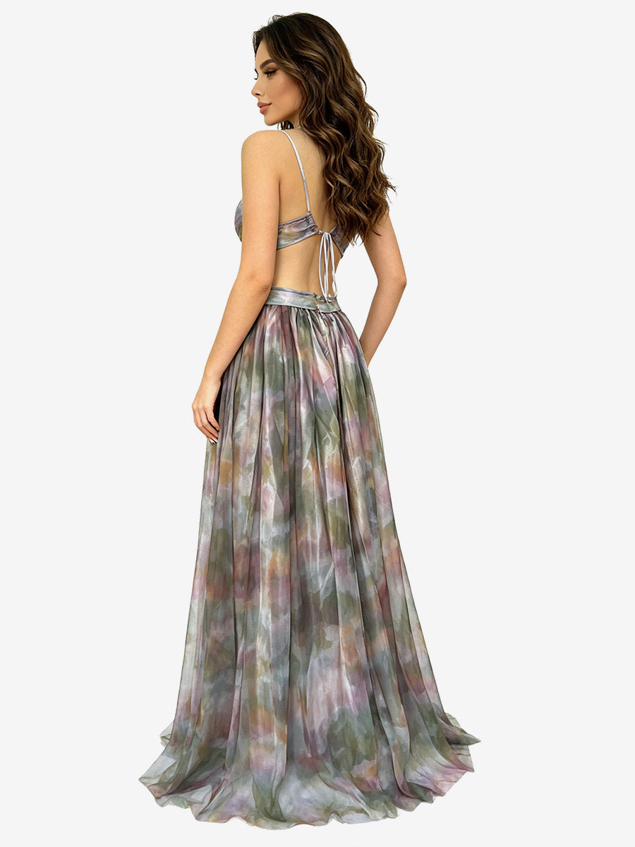 Vacation Dresses Spaghetti Strap Neck Elegant Orange Flowy Chiffon Maxi Party Dress