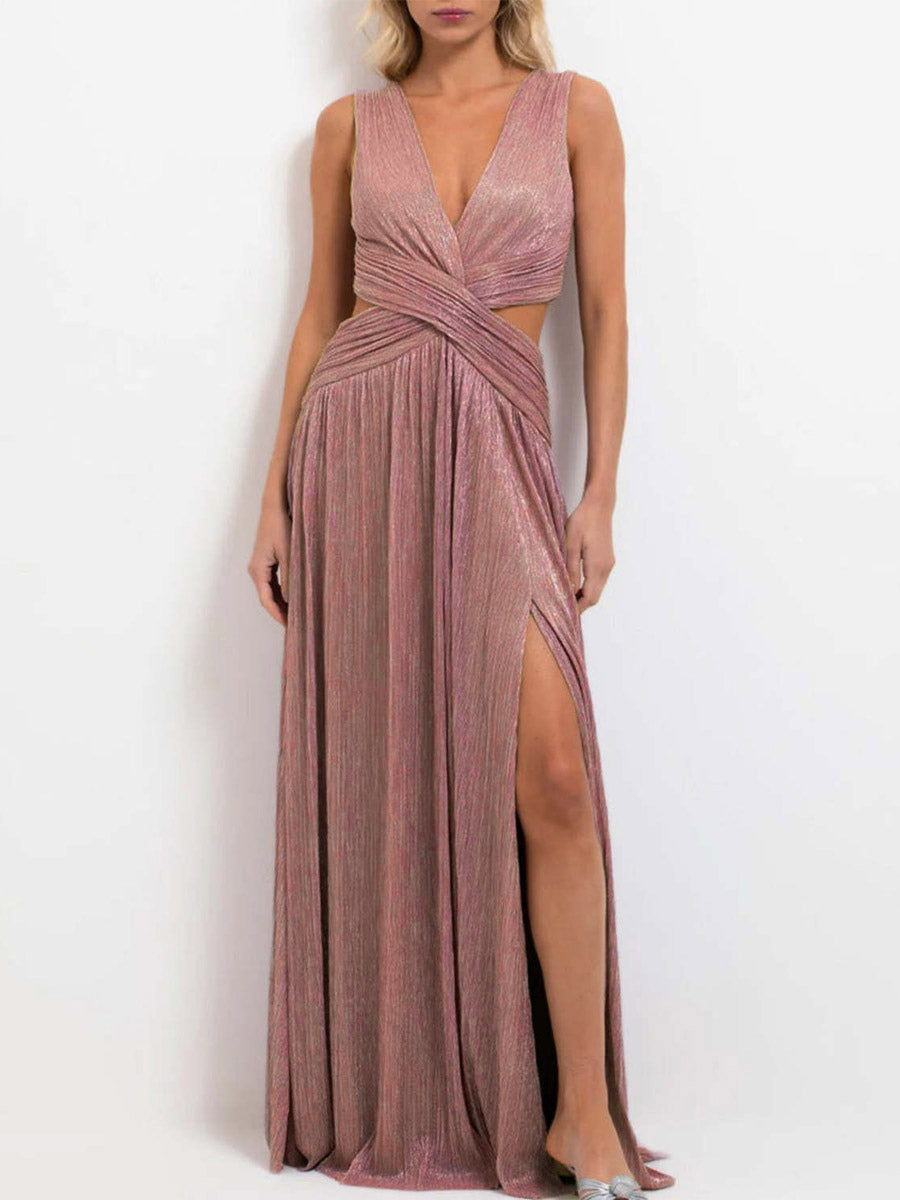 Vacation Dresses Sleeveless Deep V Cross Waist Cutout High Slit Shiny Pleated Maxi Gown