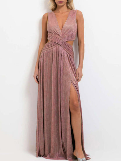 Vacation Dresses Sleeveless Deep V Cross Waist Cutout High Slit Shiny Pleated Maxi Gown